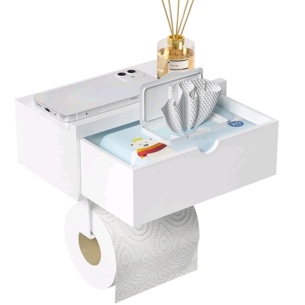 Domax Bamboo Toilet Paper Holder with Shelf Wall Bathroom White (Open Box)
